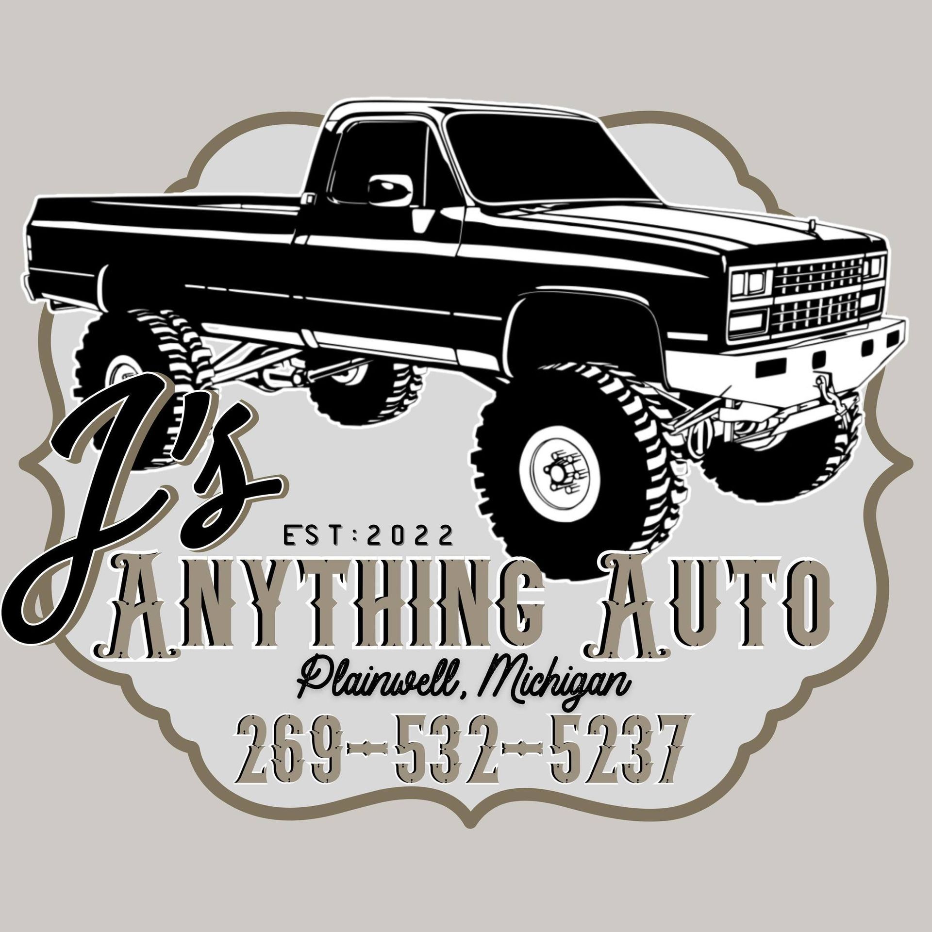 Logo: Black lifted truck, "J's Anything Auto", Plainwell, MI, with phone number, est. 2022.