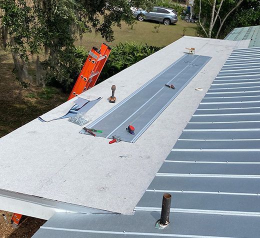 A ladder is sitting on top of a metal roof