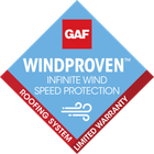 A logo for a windproof roofing system with a limited warranty