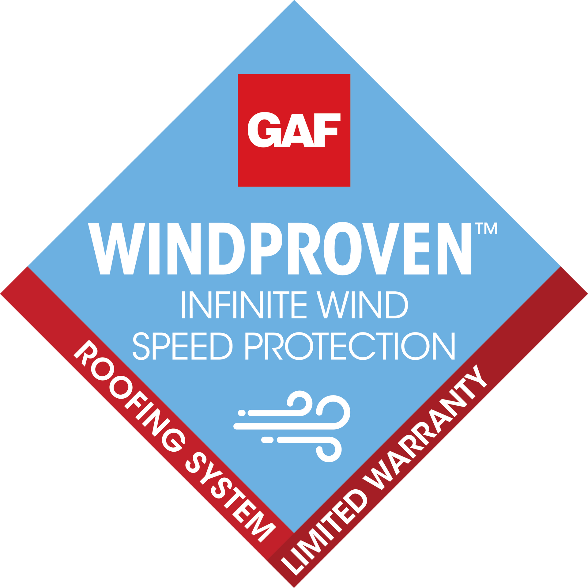 A logo for a windproof roofing system with a limited warranty