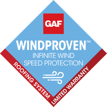 A logo for a windproof roofing system with a limited warranty