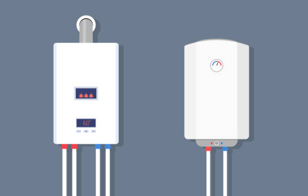 A cartoon shows a tankless water heater mounted on a wall.