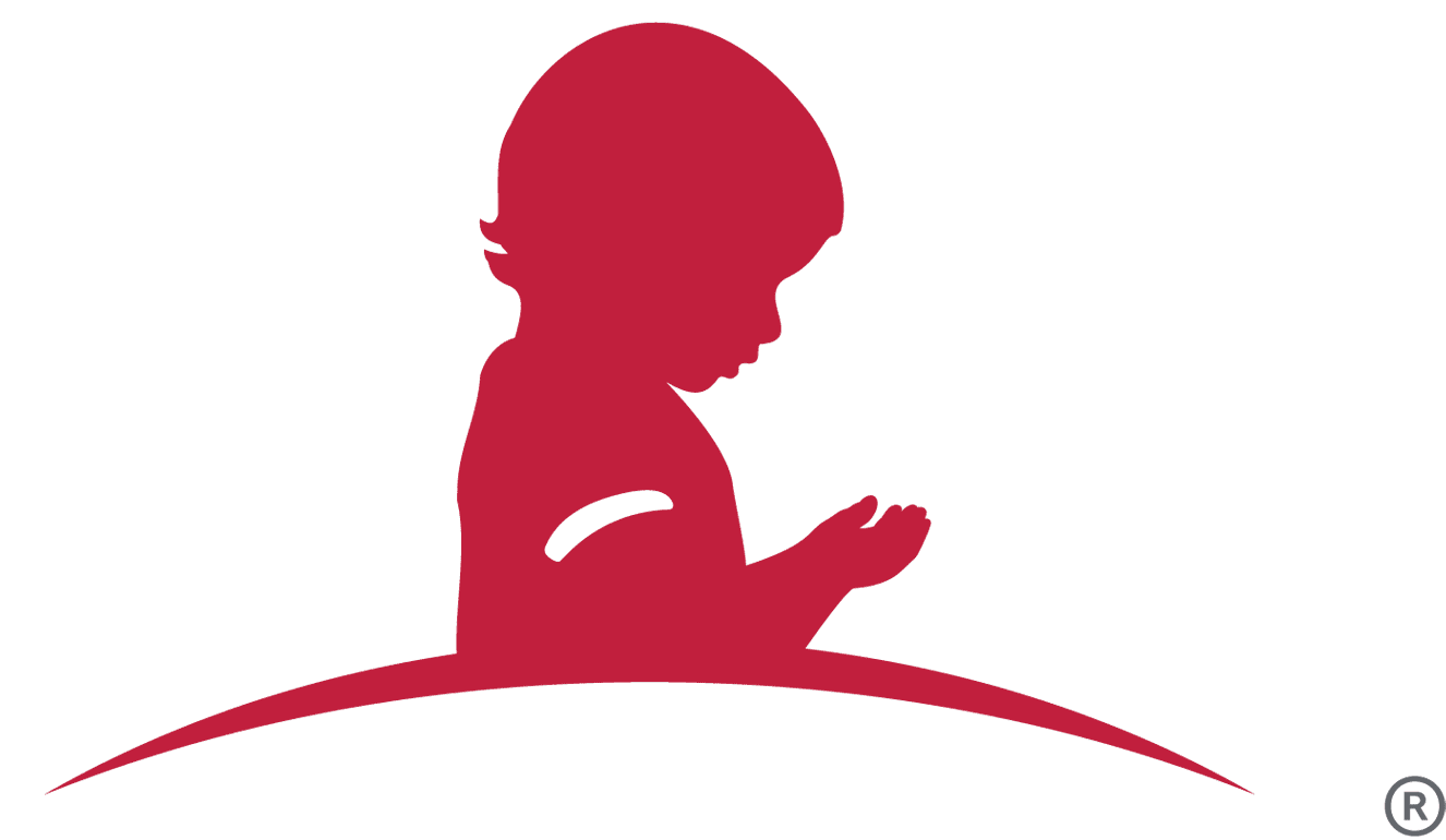 A red silhouette of a child praying on a white background