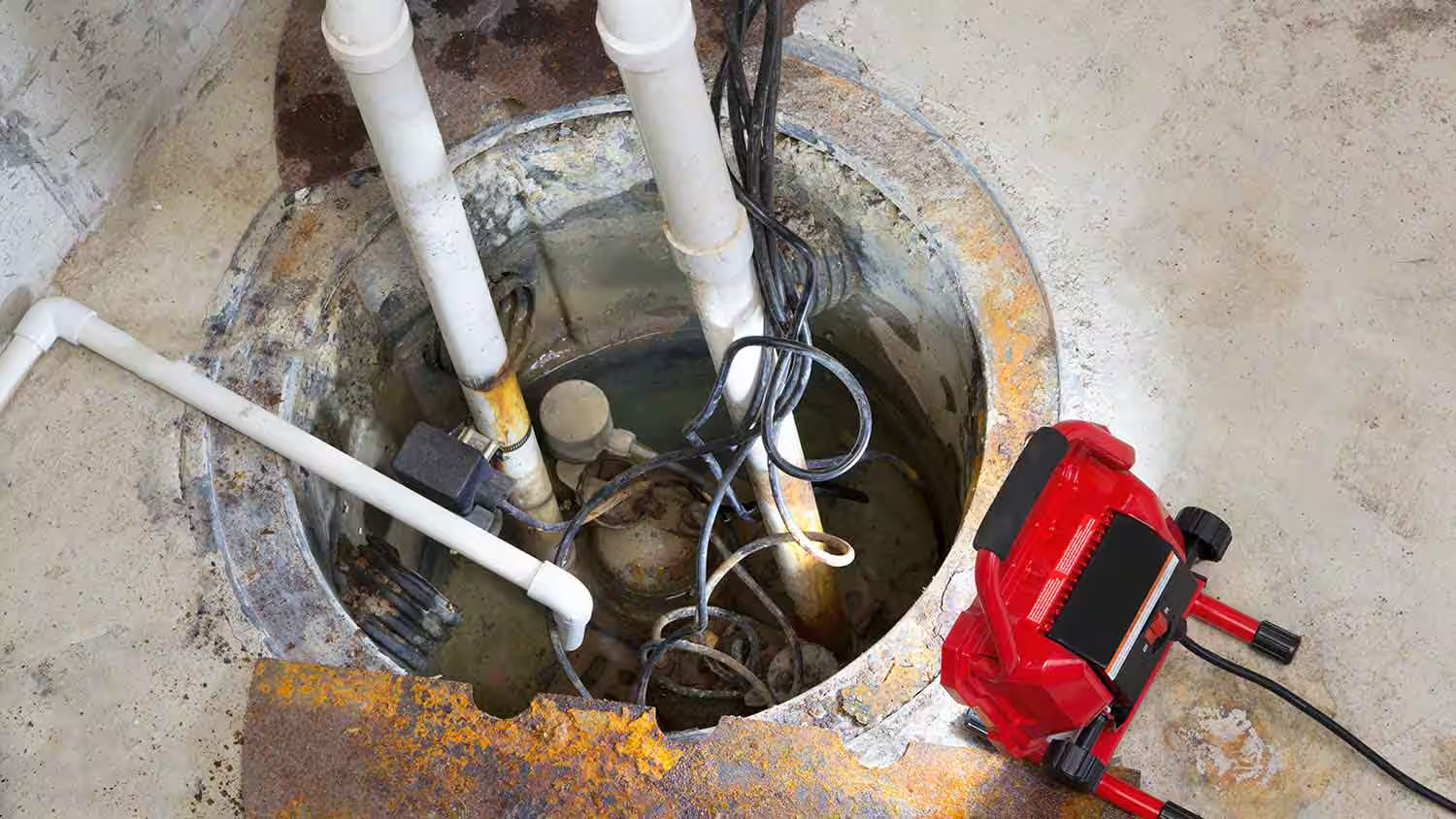 A sump pump is being installed in a basement.