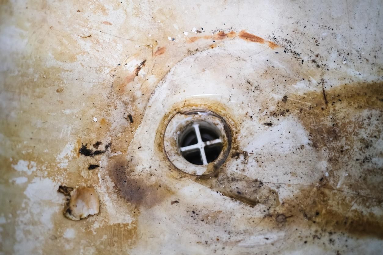 A close up of a dirty sink with a hole in it.