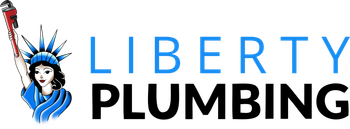 The logo for liberty plumbing shows the statue of liberty holding a wrench.