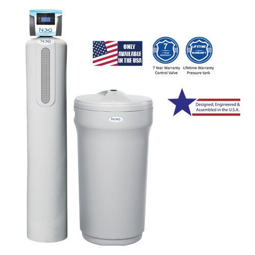 A water softener and a water conditioner are sitting next to each other on a white background.