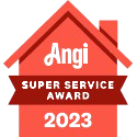 A red house with a red ribbon that says `` angi super service award ''.