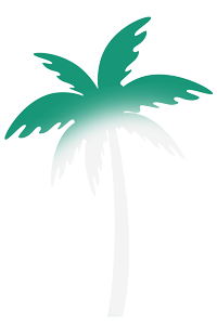 A silhouette of a palm tree with green leaves on a white background.