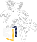 A drawing of a palm tree with a building in the background.
