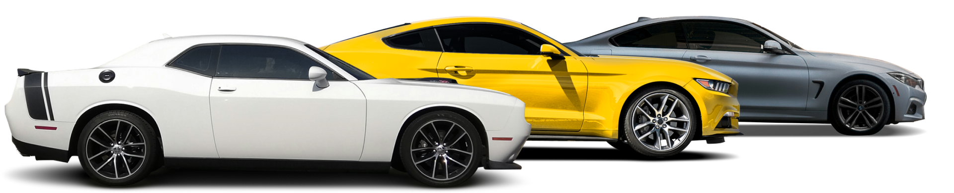 Three colorful cars parked side-by-side: white, yellow, and grey. | St. Louis Auto & Truck Repair