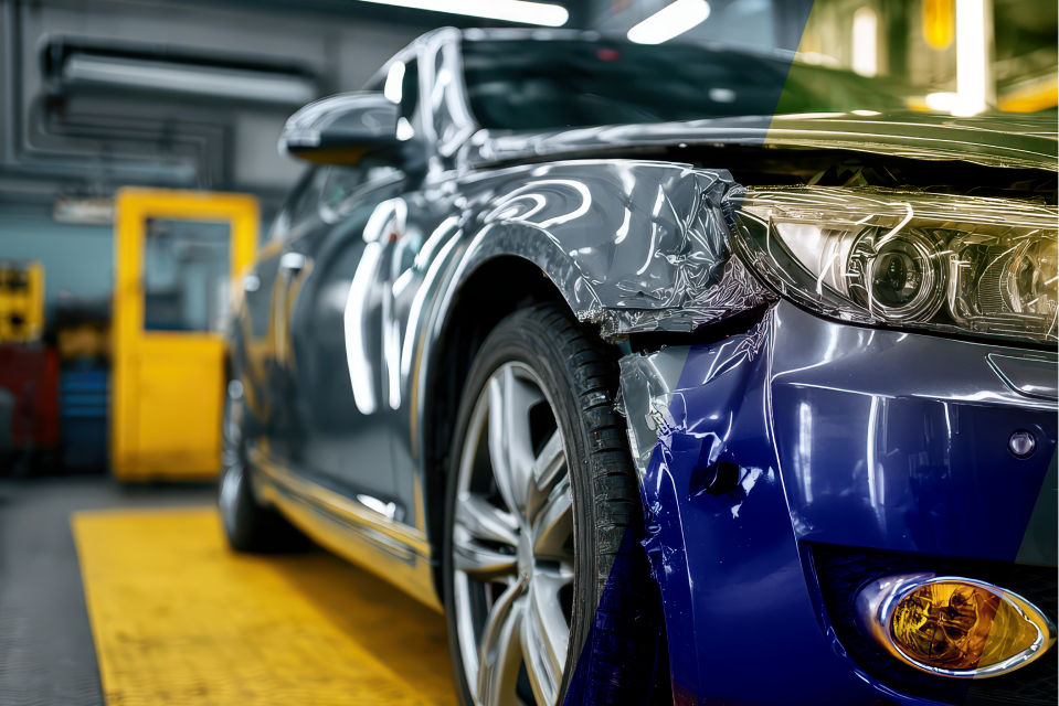 Damaged blue car in a repair shop with the front fender ripped off, sitting on a yellow surface. | St. Louis Auto & Truck Repair