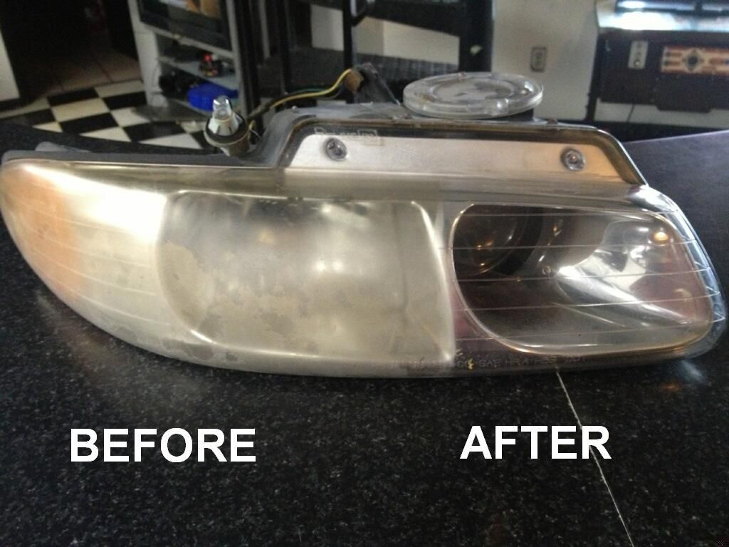 Car headlight, before and after restoration, showing clear lens after buffing. | St. Louis Auto & Truck Repair