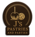 Wooden sign with a caramel apple, cookie, and text "J's Pastries and Parties."