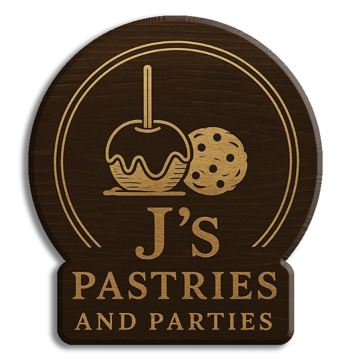 Wooden sign with a caramel apple, cookie, and text "J's Pastries and Parties."