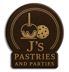 Wooden sign with a caramel apple, cookie, and text "J's Pastries and Parties."