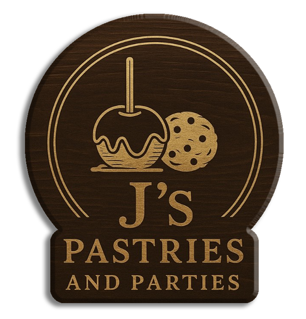 Wooden sign with a caramel apple, cookie, and text "J's Pastries and Parties."