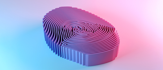 A 3d rendering of a purple fingerprint on a pink and blue background.