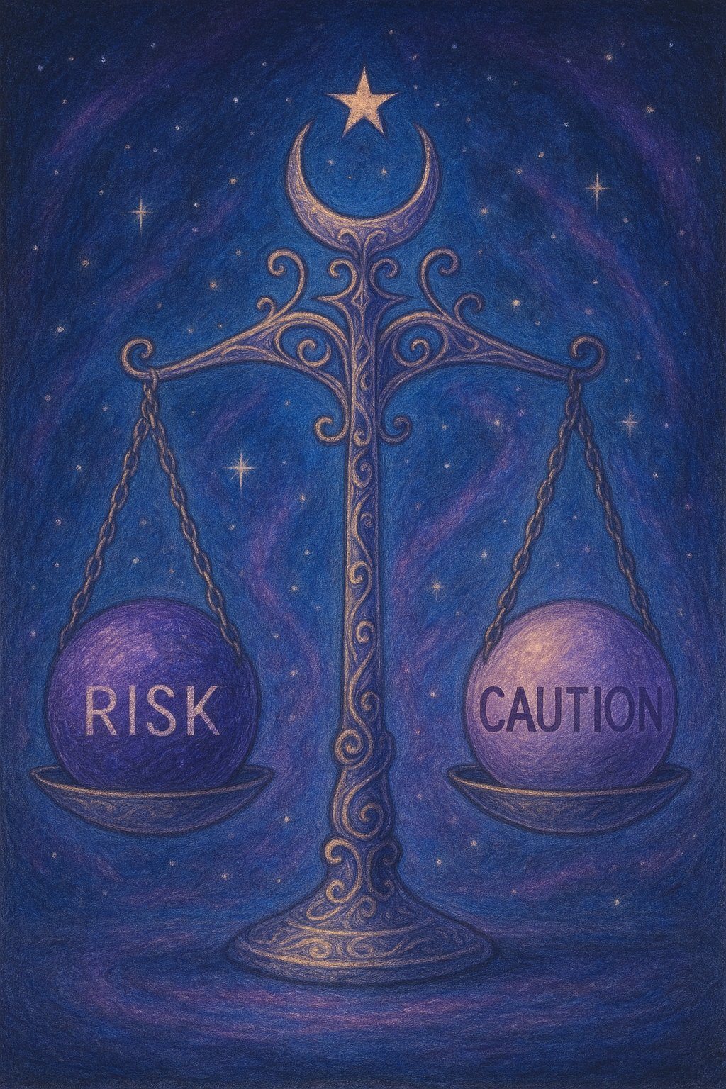 A painting of a scale with purple balls that say risk and caution