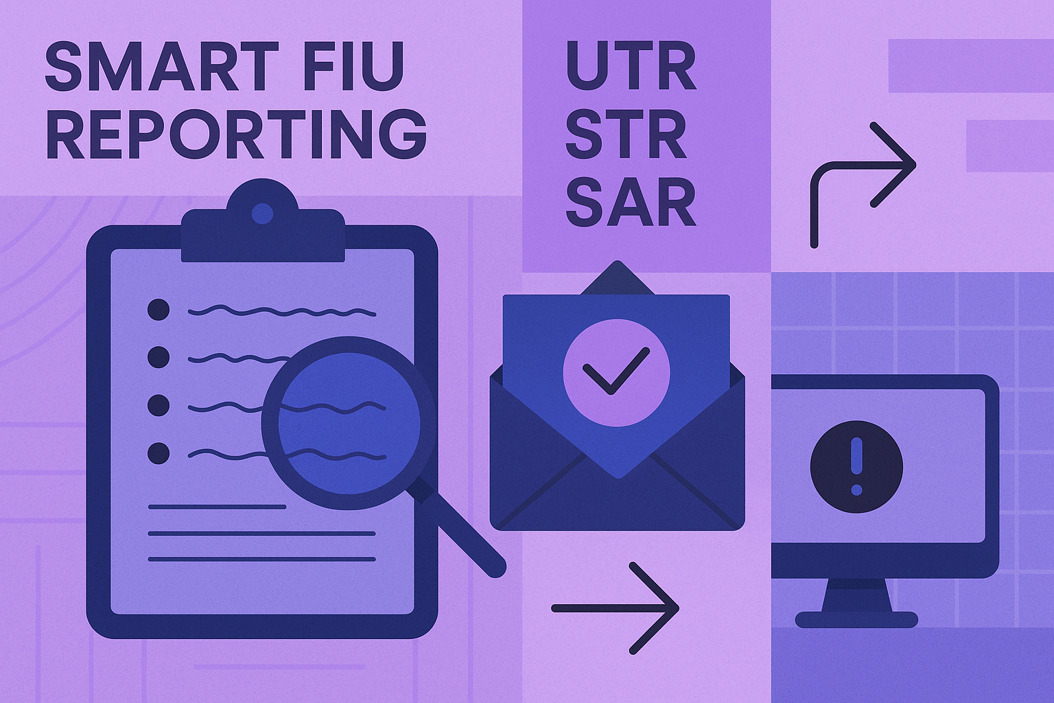 A purple background with a clipboard , magnifying glass , envelope and computer.