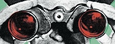 A black and white drawing of a cat looking through binoculars