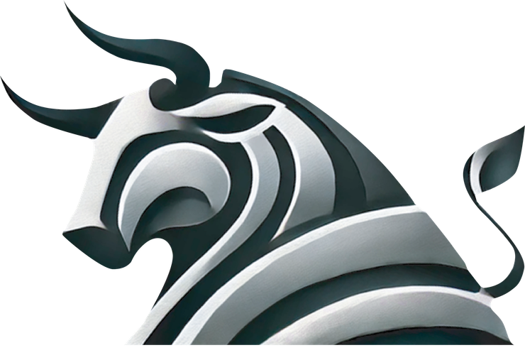 A black and white bull with long horns and a long tail.