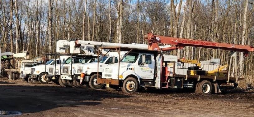 A Row of Utility Trucks Are Parked in A Dirt Lot – Lawrence Township, NJ – Carroll Tree Service