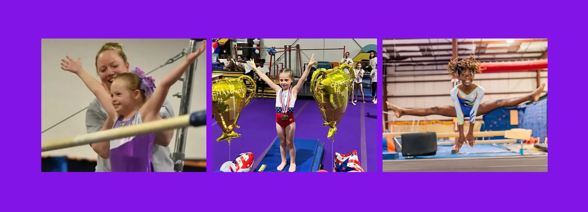 Three young gymnasts, each in a different pose, on purple background.