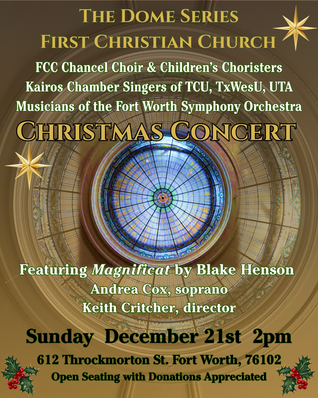 Christmas concert poster: First Christian Church. Features Blake Henson's 