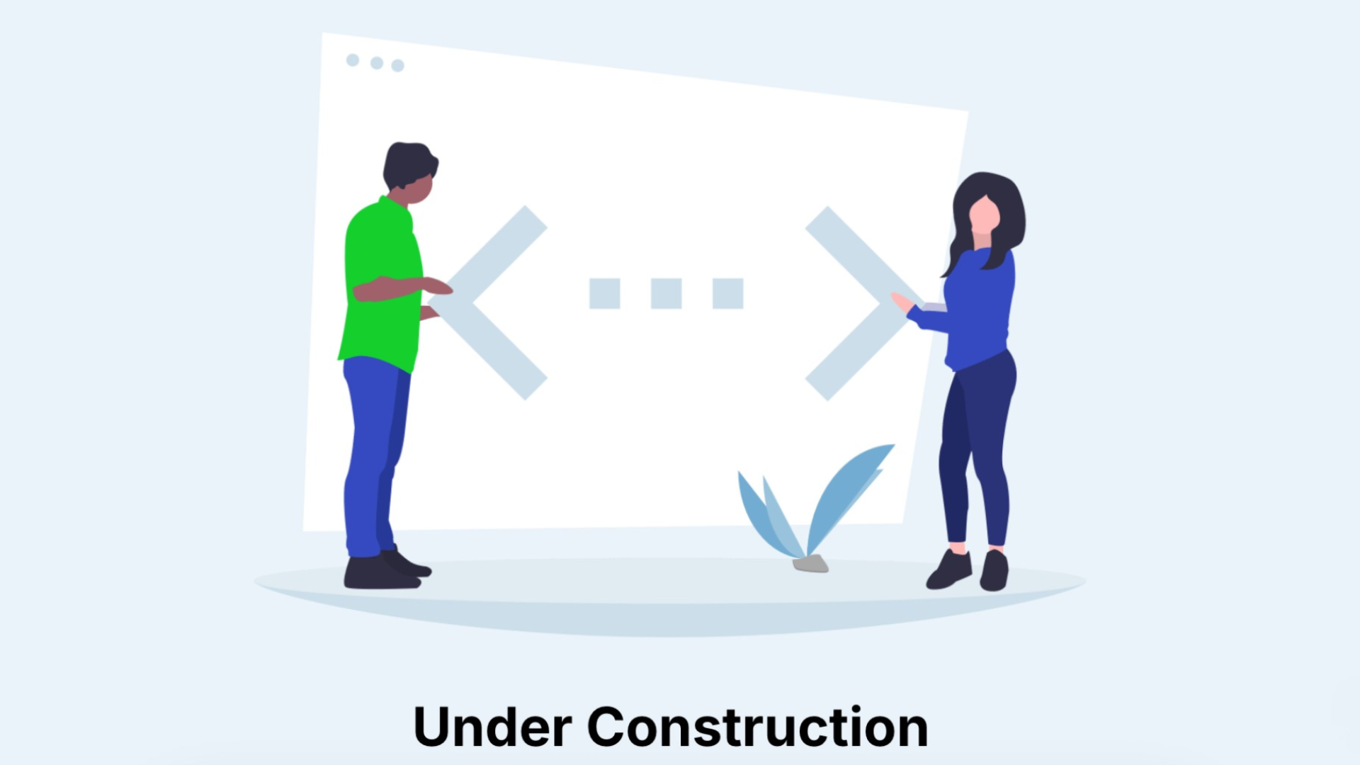 Two people working on a web page: green shirt, blue jeans, and blue shirt, blue jeans. Under construction.