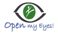 A logo for open my eyes with a green eye