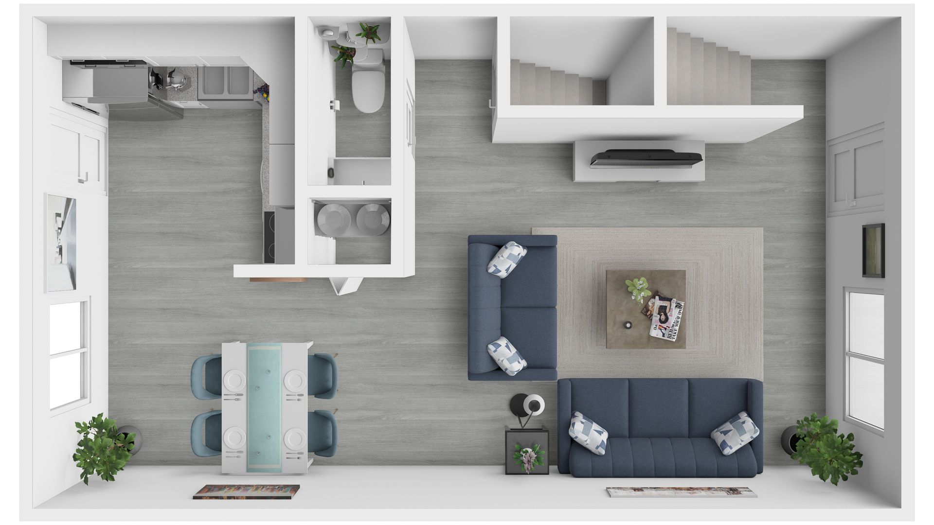 Top-down floor plan of a compact living room and kitchen with blue sofas, dining table, and gray flooring
