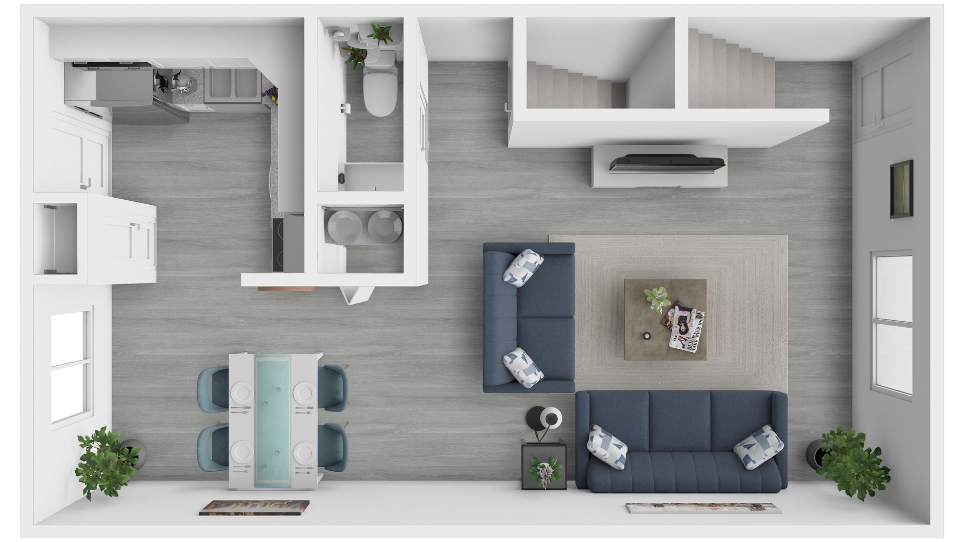 Top-down view of a modern one-bedroom apartment with living room, kitchen, bath, and bedroom layout.