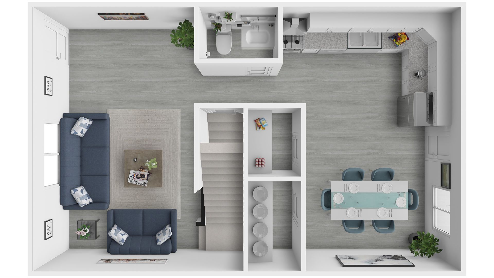 Top-down floor plan of a small apartment with living area, kitchen, bedroom, and bathroom.
