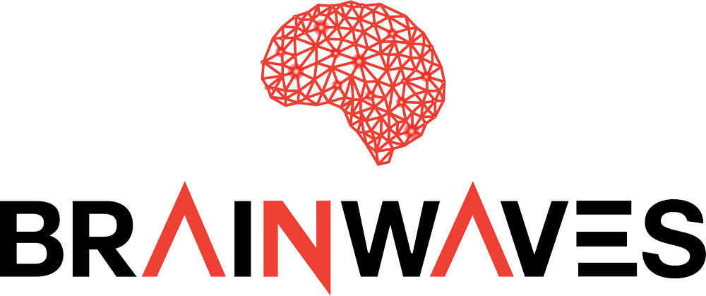 A logo for brainwaves with a red brain on a white background.