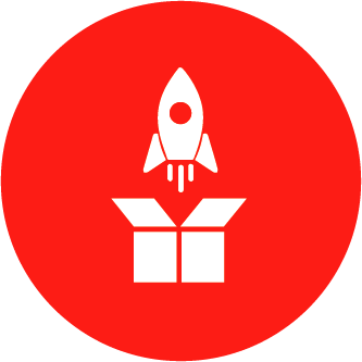 A rocket is flying out of a box in a red circle.