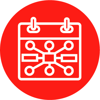An icon of a calendar with a diagram on it in a red circle.
