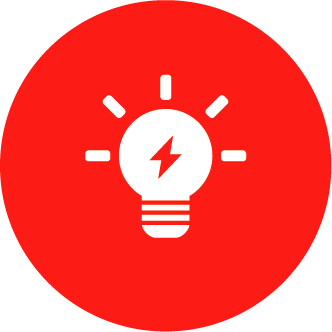 A light bulb with a lightning bolt inside of it is in a red circle.