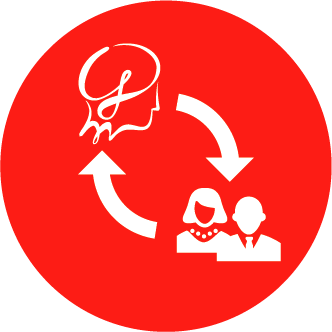 A red circle with arrows pointing to a man and a woman