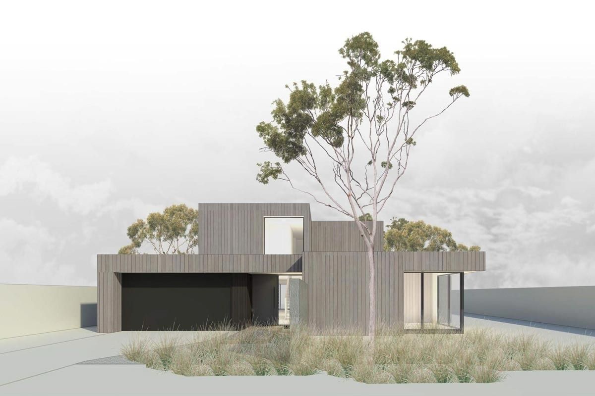 An Artist 's Impression Of A Modern House With A Tree In Front Of It — KM Custom Homes In Mount Eliza, VIC