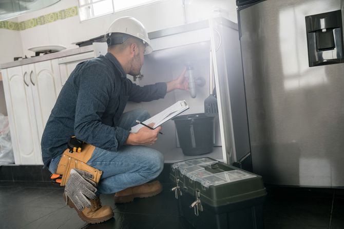 A plumber is kneeling down in a kitchen looking under a sink.