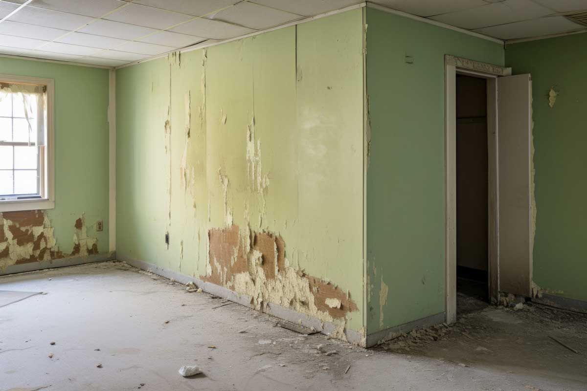 An empty room with peeling green walls and a window.