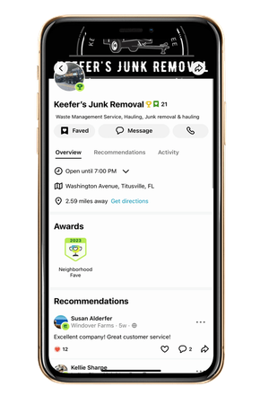 A cell phone with Keefer's Junk Removal's NextDoor profile