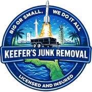 Keefer's Junk Removal logo with white text and a black trailer