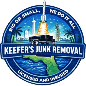Keefer's Junk Removal logo with white text and a black trailer