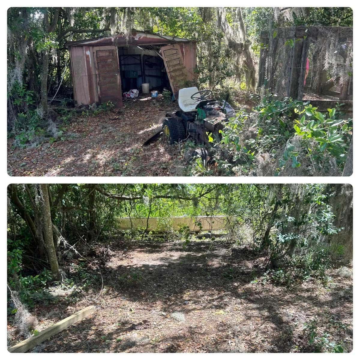A before and after picture of a shed in the woods.