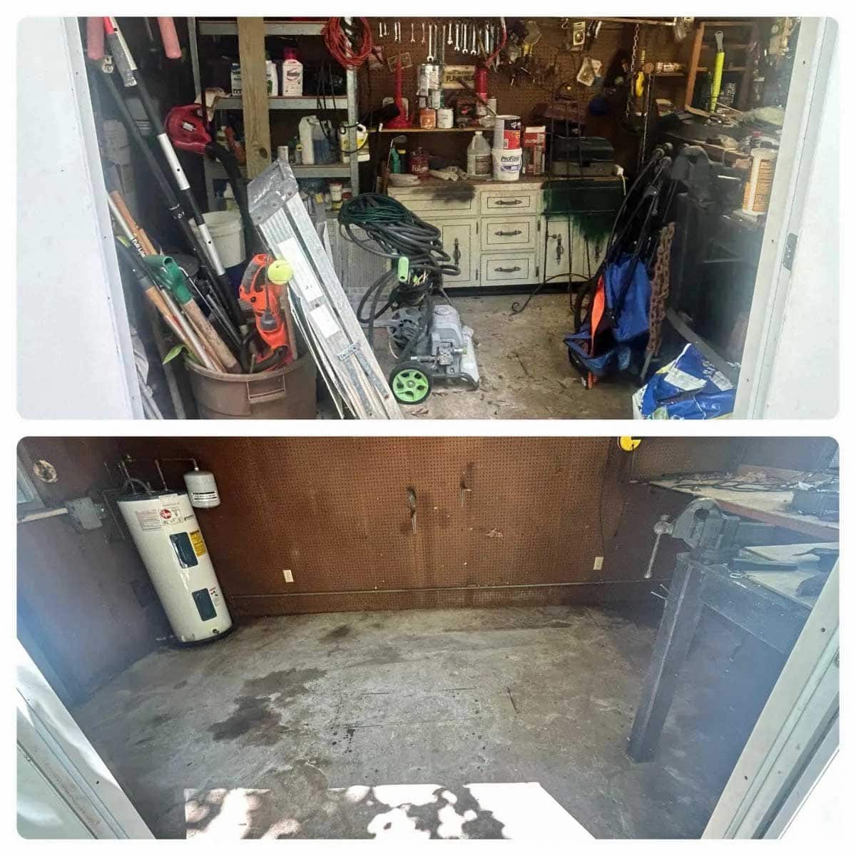A before and after picture of a garage filled with tools and a water heater.
