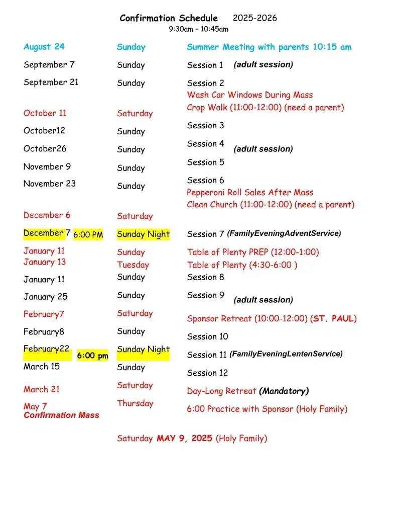 Confirmation Schedule 2025-2026