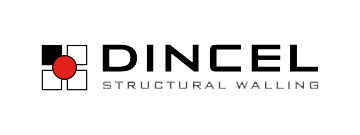 the dincel structural walling logo is black and red on a white background .