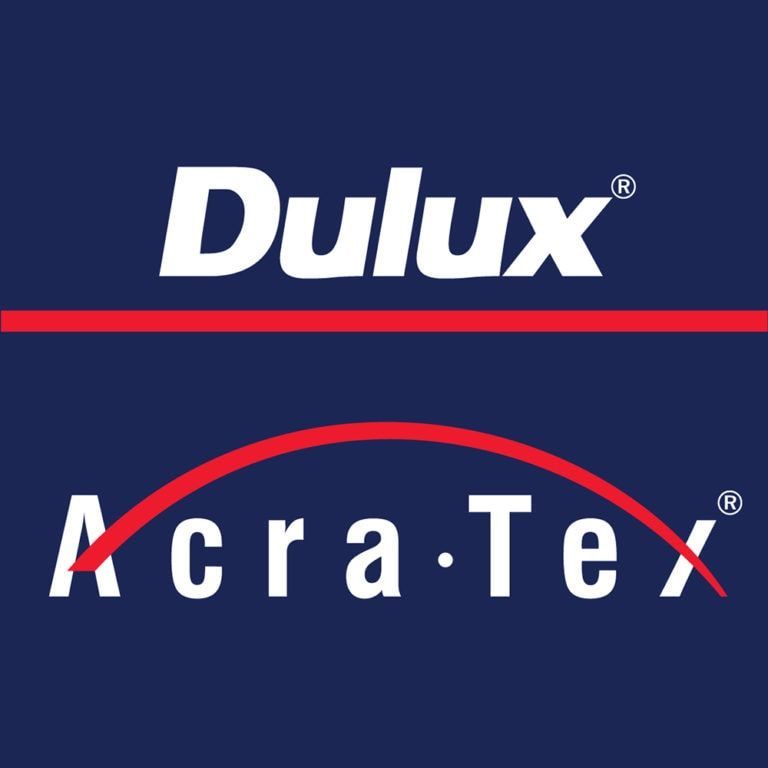 the dulux and acra tex logos are on a blue background